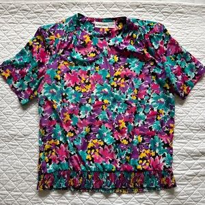 Vintage Alfred Dunner Women's Vibrant Floral Blouse - Purple, Pink, Green spring
